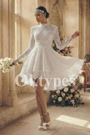 Elegant High-Neck Lace Bridal Outfit Retro-Chic Mini Wedding Gowns