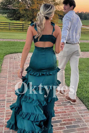 Peacock Evening Dress featuring Spaghetti Straps and Tiered Prom Dress Skirt