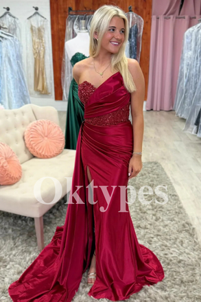 Burgundy One Shoulder Prom Dress with Sequin Embroidery and High Slit