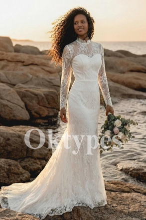 Lace Mermaid Wedding Dress - Long Sleeve Bridal Gown with Illusion Mock Neck