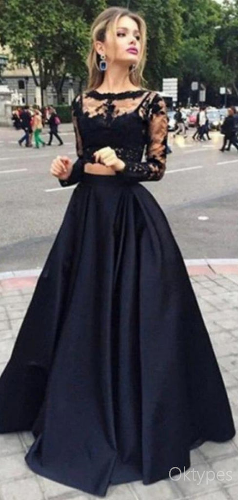 Elegant Black Lace A-Line Full Sleeve Women Floor-Length Prom Dresses PDS1223