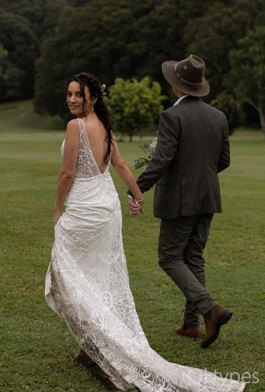 Beautiful Full Lace Mermaid Spaghetti Strap Empire White Long Wedding Dresses,WDS0151