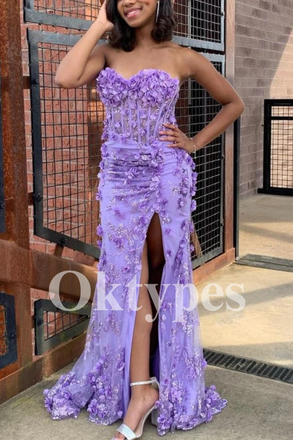Lilac Evening Dress featuring Sheer Corset Bodice and High Slit Prom Dress off shoulder