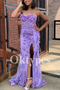 Lilac Evening Dress featuring Sheer Corset Bodice and High Slit Prom Dress off shoulder