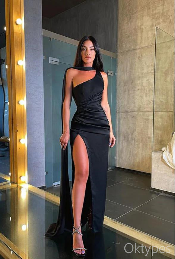 Sexy Black One Shoulder Side Slit Mermaid Women Floor-Length Prom Dresses PDS1222