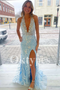 Blue Evening Dress featuring Plunging Neckline and Mermaid Prom Dress Tail