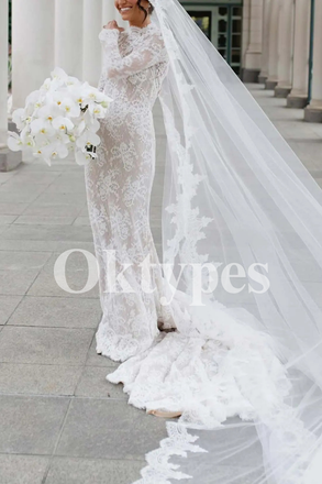 High Neck Lace Wedding Dress Mermaid Style with Cathedral Train Vintage Bridal Gown