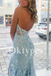 Blue Evening Dress featuring Plunging Neckline and Mermaid Prom Dress Tail
