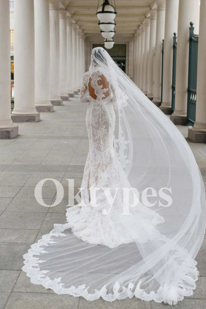 High Neck Lace Wedding Dress Mermaid Style with Cathedral Train Vintage Bridal Gown