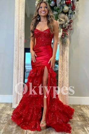 Mermaid Red Evening Dress featuring Sweetheart Neckline and Tiered Ruffle Prom Dress