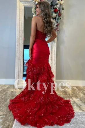 Mermaid Red Evening Dress featuring Sweetheart Neckline and Tiered Ruffle Prom Dress