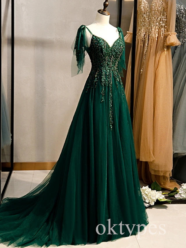 Emerald Sparkly V-neck Sleeveless A-line Floor Length Women Prom Dresses PDS1271