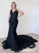 Sexy Black Tulle And Lace Spaghetti Straps V-Neck Mermaid Long Prom Dresses, PDS1016