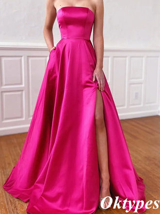 Elegant Strapless Azalea Side Slit Satin A-Line Long Evening Dresses, PDS1049