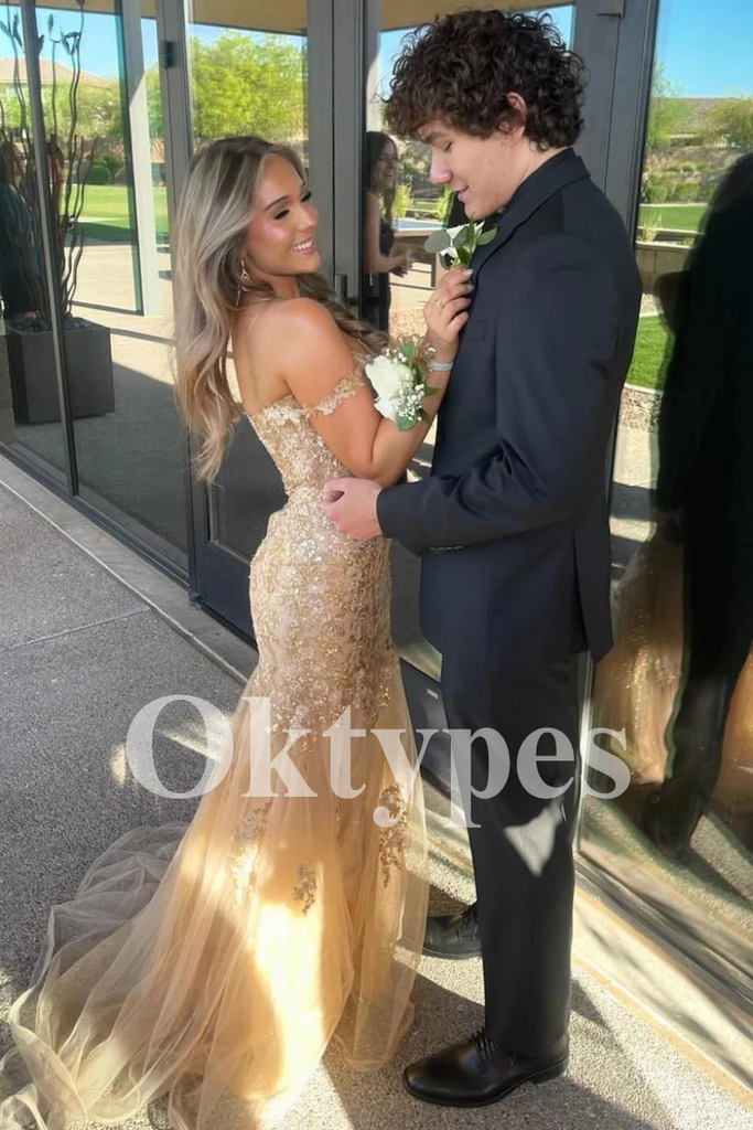Metallic Gold Tulle Prom Dress Off-Shoulder Evening Dress with Glitter Tulle Skirt