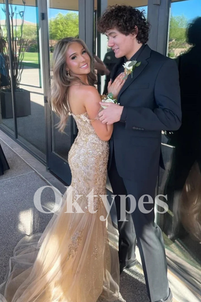 Metallic Gold Tulle Prom Dress Off-Shoulder Evening Dress with Glitter Tulle Skirt