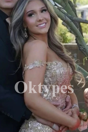Metallic Gold Tulle Prom Dress Off-Shoulder Evening Dress with Glitter Tulle Skirt