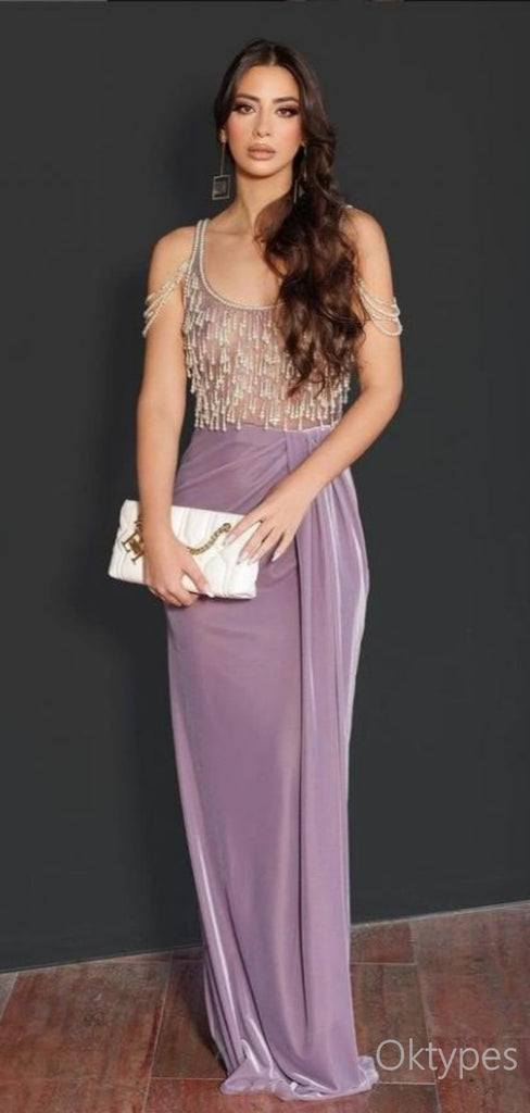 Purple Beaded Pleat Square Sparkly Floor-Length Prom Dresses PDS1125