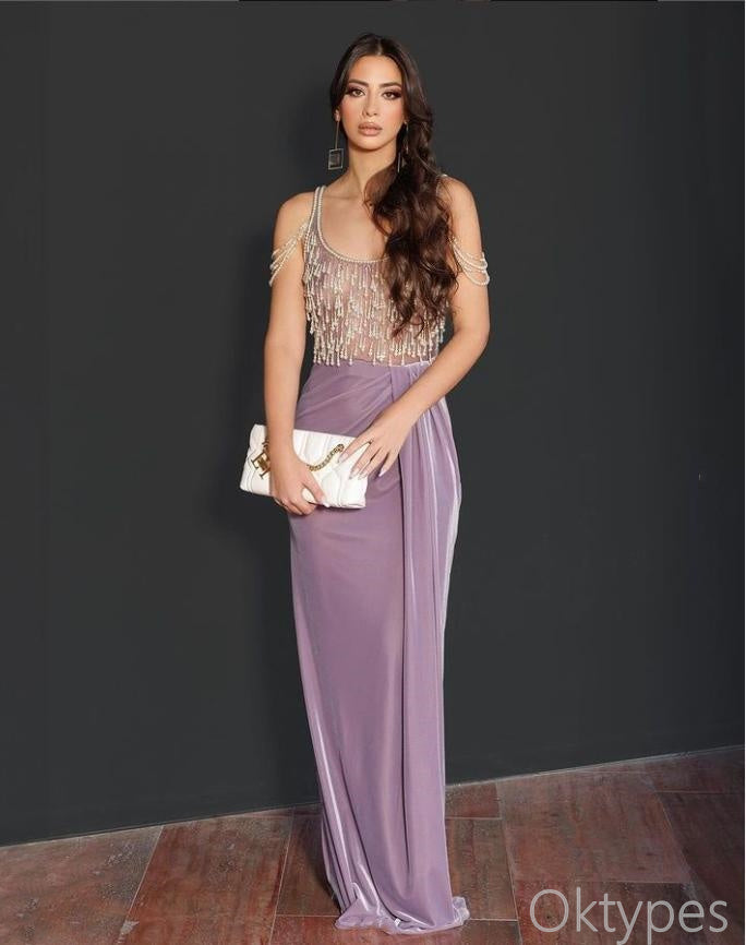 Purple Beaded Pleat Square Sparkly Floor-Length Prom Dresses PDS1125