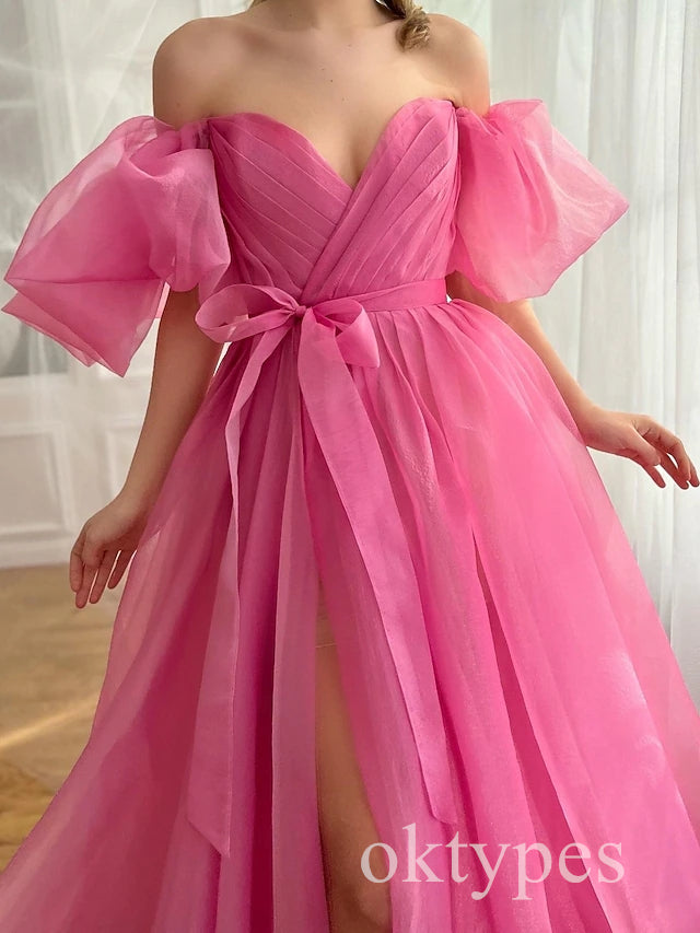 Pink Off Shoulder Sleeveless Side Slit A-line Long Women Prom Dresses PDS1275