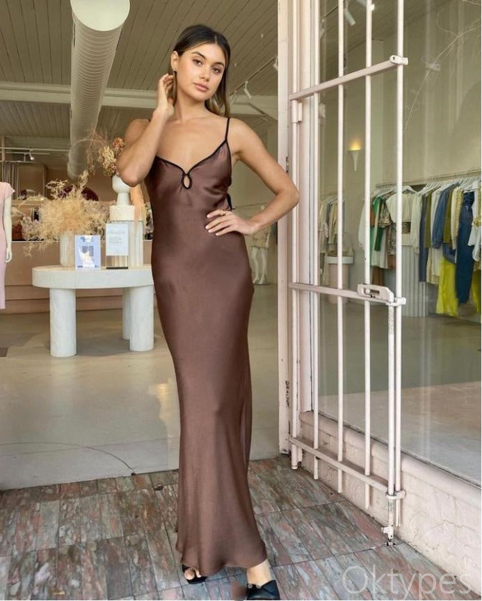 Charming Brown Chocolate Spaghetti Strap Floor-Length Prom Dresses PDS1096