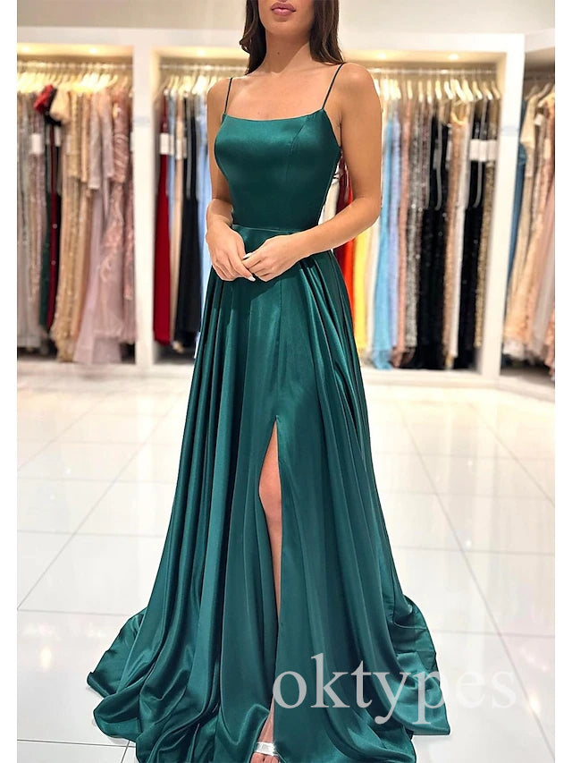 Emerald Spaghetti Straps Side Slit A-line Floor Length Women Prom Dresses PDS1283