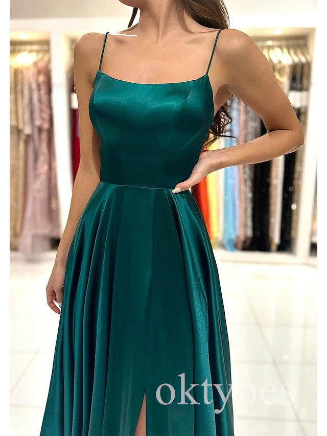 Emerald Spaghetti Straps Side Slit A-line Floor Length Women Prom Dresses PDS1283