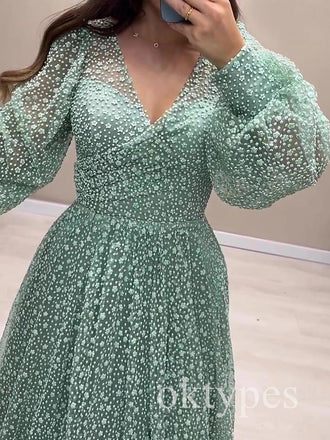 Modest V-neck Long Sleeves A-line Floor Length Women Prom Dresses PDS1284