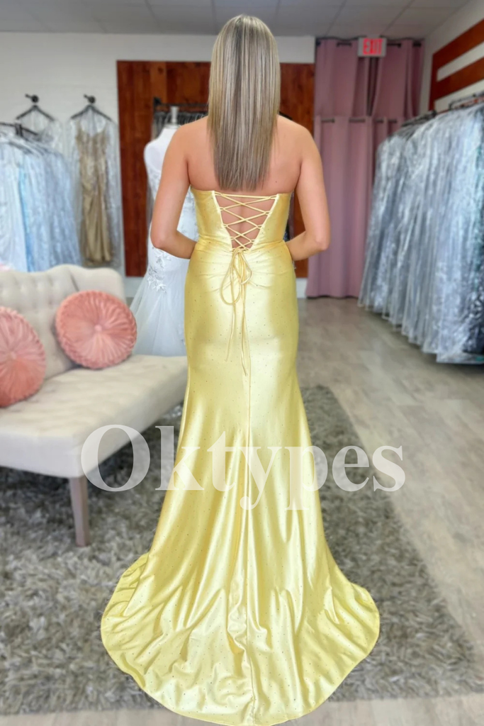 Bright Yellow Mermaid Dress 2026 Crystal Beaded Top & Ruched Formal Gown