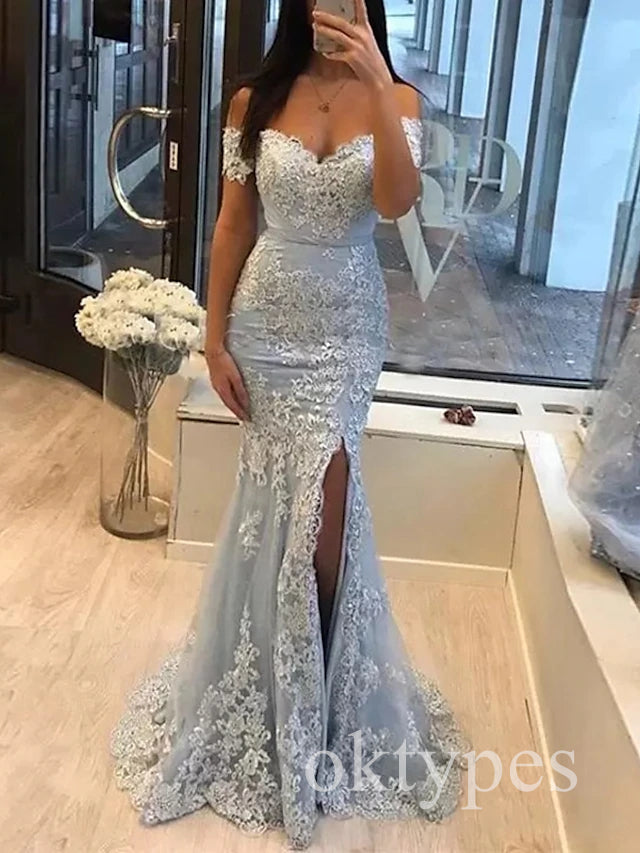 Lace Applique Off Shoulder Side Slit Mermaid  Long Women Prom Dresses PDS1278