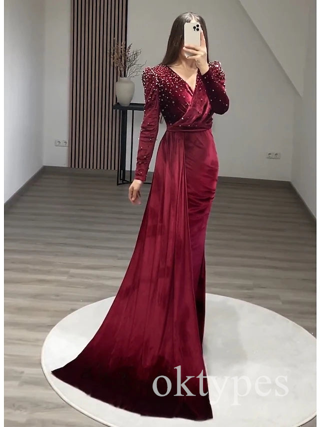 Elegant V-neck Long Sleeves Mermaid  Long Women Prom Dresses PDS1279