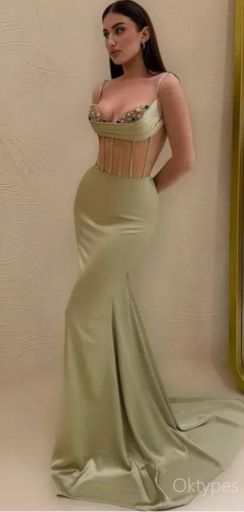 Green Herringbone Sweetheart Spaghetti Strap Mermaid Floor-Length Prom Dresses PDS1152