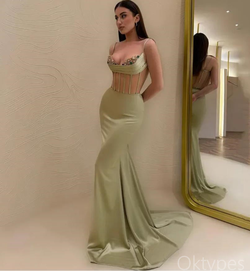 Green Herringbone Sweetheart Spaghetti Strap Mermaid Floor-Length Prom Dresses PDS1152