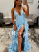 Baby Blue Ruffle Prom Dress with Deep V-Neck and High Slit 2026 Sexy Mermaid Style