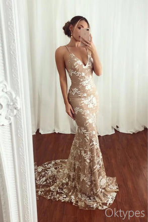 Pretty Champagne Spaghetti Strap V-Neck Mermaid Spaghetti Strap Floor-Length Prom Dresses PDS1090