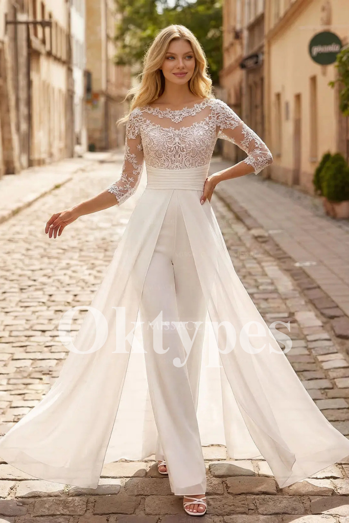 Modern Wedding Jumpsuit - Wide-Leg Bridal Suit with Floral Lace Bodice