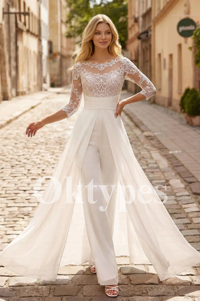 Modern Wedding Jumpsuit - Wide-Leg Bridal Suit with Floral Lace Bodice