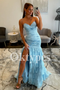 Elegant Baby Blue Prom Dress Beaded Lace Top & Ruched Bodycon Gown