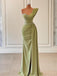 Green Sexy Beaded Side Slit Pleat Satin Floor-Length Prom Dresses PDS1109