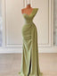 Green Sexy Beaded Side Slit Pleat Satin Floor-Length Prom Dresses PDS1109