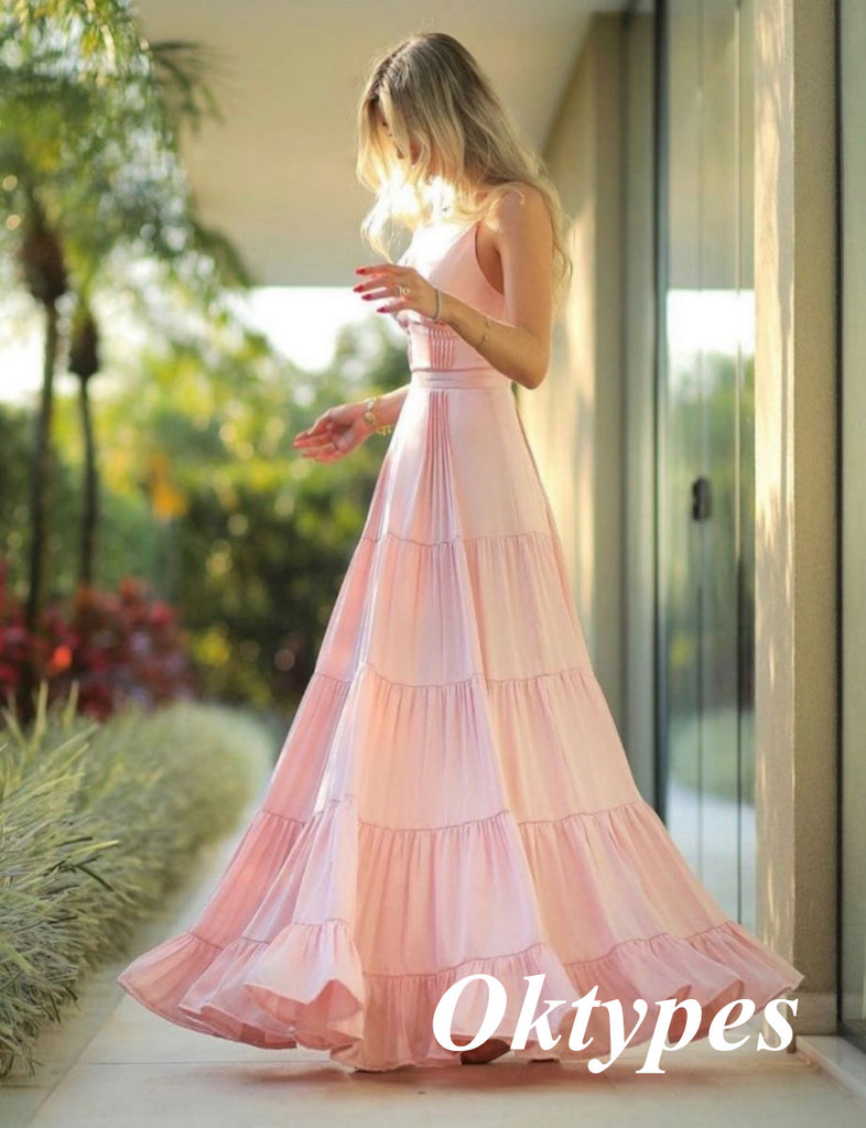Sexy Pink Soft Satin Spaghetti Straps V-Neck A-Line Long Prom Dresses, PDS1022
