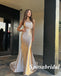 Sexy Elastic Satin One Shoulder Sleeveless Side Slit Long Prom Dresses, PDS1028