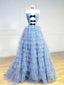 Sky-Blue Tulle Strapless Unique Bow Floor-Length Prom Dresses PDS1166