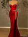 Sexy Red Side Slit Beaded Strapless Satin Women Floor-Length Prom Dresses PDS1212