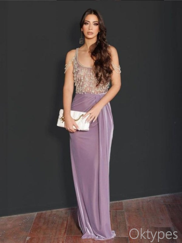 Purple Beaded Pleat Square Sparkly Floor-Length Prom Dresses PDS1125