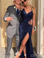 Women Regency Blue Sparkly Spaghetti Strap Side Slit Floor-Length Prom Dresses PDS1169