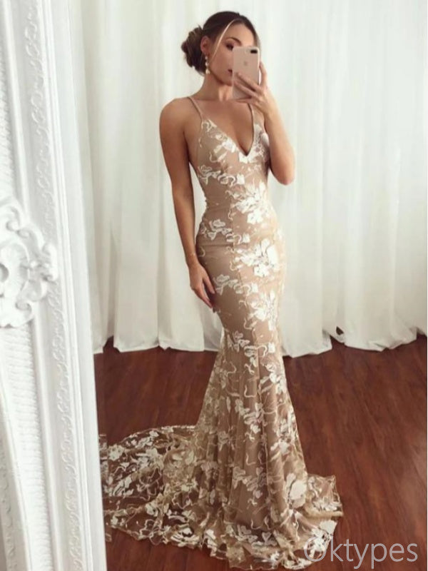 Pretty Champagne Spaghetti Strap V-Neck Mermaid Spaghetti Strap Floor-Length Prom Dresses PDS1090