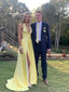 Sexy V-Neck Yellow Side Slit Spaghetti Strap Floor-Length Prom Dresses PDS1181