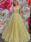 Simple Yellow Spaghetti Strap V-Neck A-Line Tulle Prom Dresses PDS1087