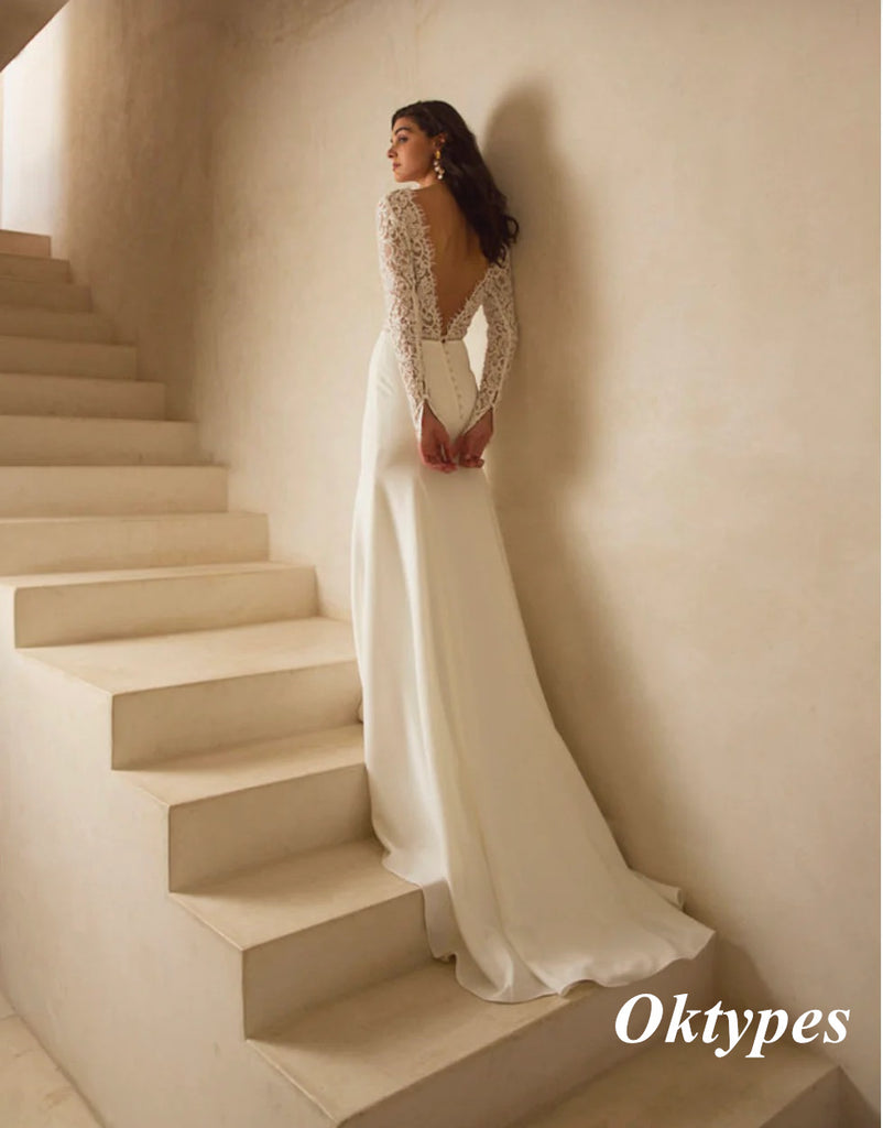 Elegant Lace and Chiffon Long Sleeves Open Back Mermaid Long Wedding Dresses,WDS0144